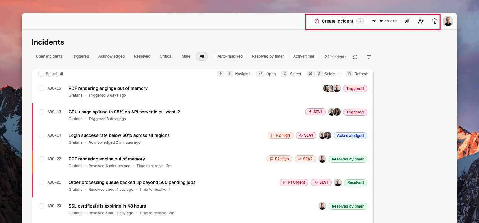 Incidents page